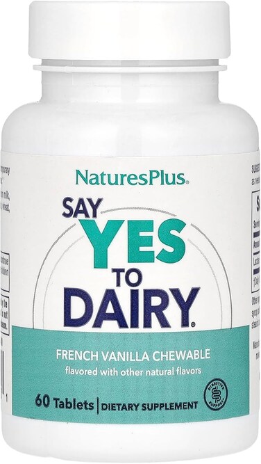 Nature's Plus Say Yes To Dairy Natural Lactase Enzyme, 60 Chewable Tablets French Vanilla Flavor - For Relief From The Discomforts Of Lactose Intolerance Dairy Food Consumption, Gluten Free