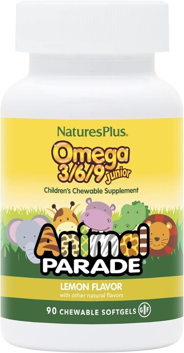 Nature's Plus Omega 3/6/9 Junior Chewable, 90 Softgels Animal Parade Shaped Natural Lemon Flavor - For Kids Healthy Growth &amp; Development, Gluten Free