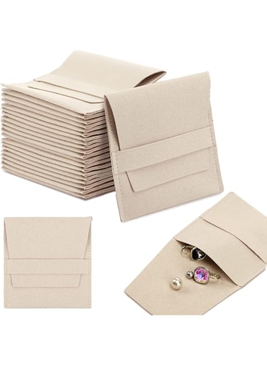 NALACAL Microfiber Jewelry Pouch, 20pcs 8x8cm Luxury Small Jewelry Gift Bag Necklace Earrings Rings Package with Band, Beige