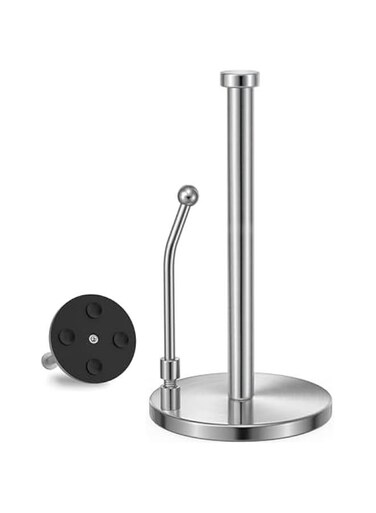 Paper Towel Holder, Paper Towel Dispenser Standing Weighted Base Non Slip, Spring Arm for Easy Tear, Stainless Steel Paper Towel Holder for Home Kitchen Countertop Tabletop (Silver)