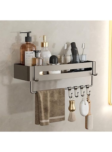 Bathroom Floating Shower Shelves Organizer, Wall Mounted Storage Shelves with Metal Frame, Towel Rack, Adhesive Shower Organizer for Bathroom Storage &amp; Kitchen (With hanging bar, style 2)