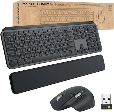 مجموعة Logitech MX Keys للأعمال , الجيل الثاني، لوحة مفاتيح لاسلكية كاملة الحجم وفأرة لاسلكية، مع مسند راحة اليد، بلوتوث، Logi Bolt، نقرات هادئة، متوافقة مع أنظمة Windows/Mac/Chrome/Linux - جرافيت