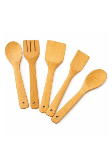 Natural Wood Kitchen Utensil 5 Pcs Set   Heat-Resistant &amp; Scratch-Resistant Cooking Tools   Wooden Spoon, Spatula, Slotted Spatula, Turner &amp; Scraper   Non-Slip, Lightweight &amp; Durable