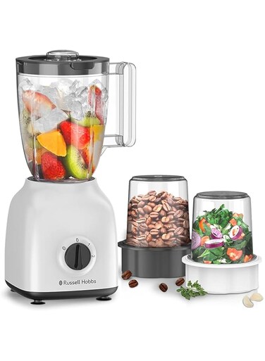Russell Hobbs (BWM102) 3-in-1 Blender - 400W, Grinder &amp; Chopper, 1.5L Smoothie Maker, 2 Speeds, for Coffee, Spices &amp; Nuts, White - 1-Year Warranty