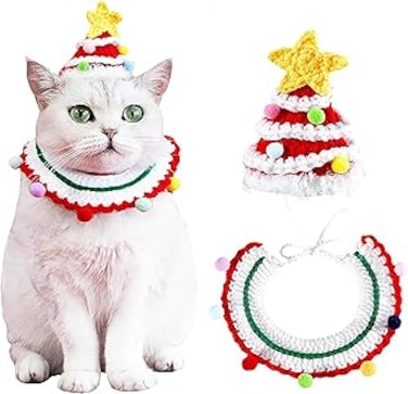 2PCS Cat Santa Hat with Scarf, Christmas Hats for Cats Pet Santa Hat Christmas Costume for Cat Rabbit Puppy Doll (Medium)