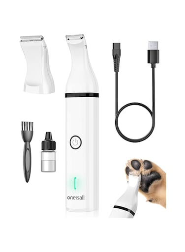 oneisall Dog Clippers with Double Blades,Cordless Small Pet Hair Grooming Trimmer,Low Noise for Trimming Dog's Hair Around Paws, Eyes, Ears, Face, Rump (White)