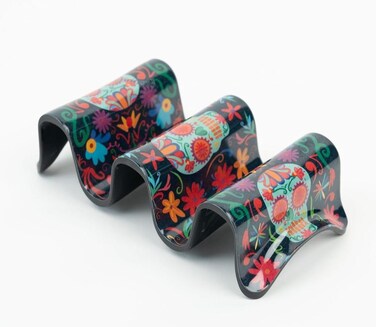 Day of the Dead Taco Holder 3 Slot Multicolor Skeleton Design Taco Stand 3.5x7.5x1.8in Durable Reusable Mexican Fiesta Serving Tray for Kitchen Parties and Food Presentation