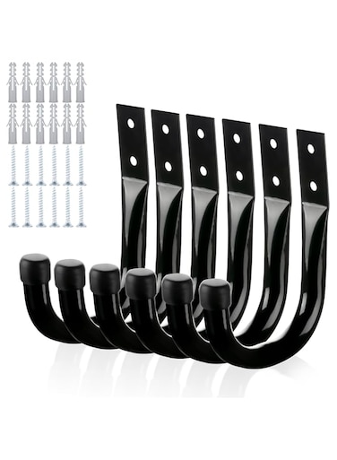 KURUI Metal Wall Hooks for Hanging Heavy Duty, 6Pcs Garage Organization and Storage Hook for Extension Cord Tool Cable Coat Backpack Bag, Large Utility J Hooks, Black Wall Mount Hanges