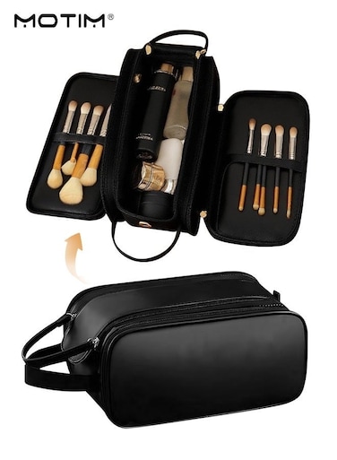 Large Capacity Makeup Bag, Makeup Travel Organizer Box with Dividers &amp; Brush Holder, Leather Clutch Cosmetic Organizer Travel Toiletry Bag for Women Girls