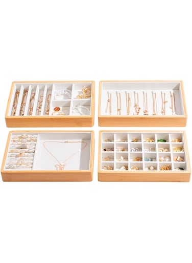 ProCase 4-Set Bamboo Stackable Jewelry Organizer Tray, Jewelry Drawer Inserts Container Display Case Storage for Earring Necklace Rings Bracelet with Removable Dividers -Warmwhite