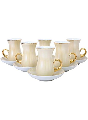 Shallow Bone China Istikan Cups And Saucers Set, Beige/Gold, Yd505208-Hp, 12 Pieces
