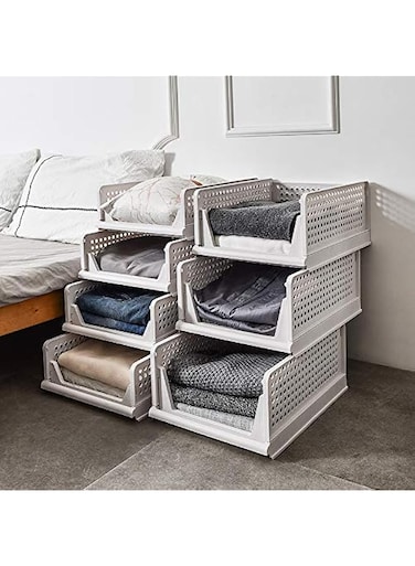 MOTIM Stackable Plastic Storage Basket,4PCS Large Foldable Closet Organizer, Stackable Drawer for Wardrobe Cabinet Kitchen Bathroom Office (White)