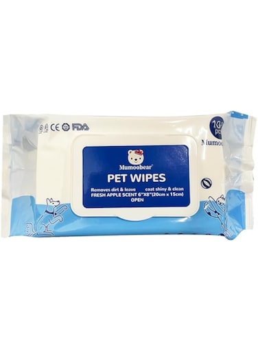 Mumoo Bear 100Pcs/1Pack Dog Wipes Pet Wipes Cat Grooming Supplies for Paws, Butt, Ear, Skin, Eye, Body Cleaning Bath Stain Odor Remover, Home or Travel Use with Apple Scent