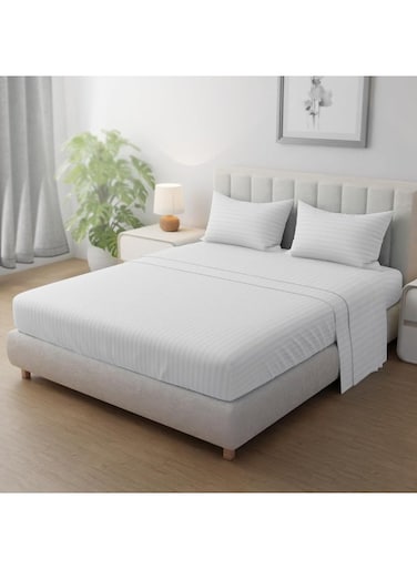 Linen Klub Striped Microfiber Fitted Sheet Set - Single (90 x 190 cm) + 2 Pillowcases (50 x 75 cm), Premium Durable Quality and Deep Pocket for a Perfect Fit, White