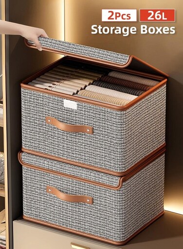 2 Piece Set of 26L Large - capacity Tweed Storage Boxes with Lids, Leather Handles, and Stackable Design, Home Wardrobe Organizing and Storage Boxes
