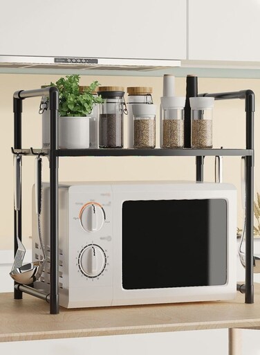 2-Tier Kitchen Storage Rack with Side Hooks , Multifunctional Microwave oven rack,Countertop Rack Organizer with Non-Slip Feet, for Spices, Pots and Pans(Black)