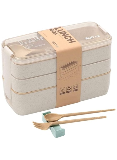 Rarapop Beige Stackable Bento Lunch Box Kit, 3-In-1 Compartment Wheat Straw Lunch Containers with Tableware, Reusable On-the-Go Meal and Snack Containers