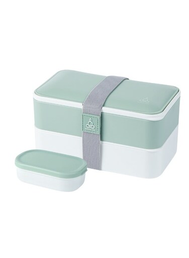 Bento Tek 40.5 Ounces Stackable Lunch Box, 1 Reusable Adult Lunch Container - With Utensils, Included Sauce Cup, Green &amp; White Plastic Layered Lunch Box, Microwavable, Dishwashable