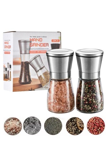 2-Pack Stainless Steel Salt &amp; Pepper Grinder Set &acirc;&euro;&ldquo; Refillable Glass Mills with Adjustable Coarseness