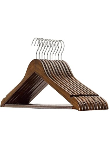 FEELINGS Wooden Hangers with Non-Slip Grip, Set of 12 - Brown Finish, Durable Space-Saving Premium Design for Clothes, Coats, and Jackets