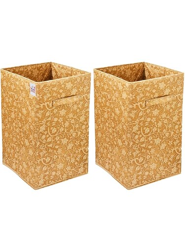 Fun Homes Metalic Floral Print Non Woven Fabric Foldable Laundry Basket , Toy Storage Basket, Cloth Storage Basket With Handles ,60Ltr(Set Of 2, Beige)-FHUNH16442