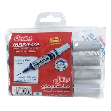 Pentel Maxiflo Bullet Tip White Board Marker Wallet 4 PCS
