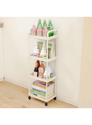 Hbluefat Rolling Cart with Handle,4 Tier Plastic Utility Storage Cart, Movable Storage Organizer Shelves for Office, Living Room, Kitchen (White)