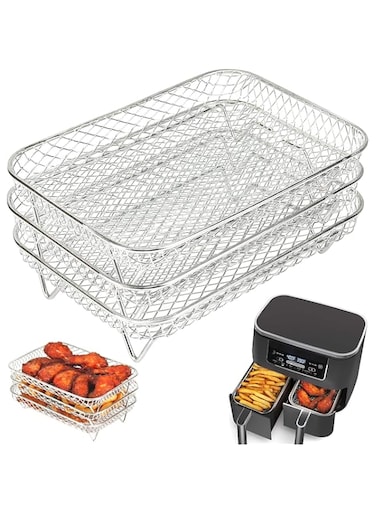 Lomeshow Air Fryer Rack for Ninja Dual Air Fryer, 3pcs Stackable Stainless Steel Dehydrator Rack, Rectangle Air Fryer Racks Compatible with Double Air Fryer, Ninja Dual Air Fryer Accessories