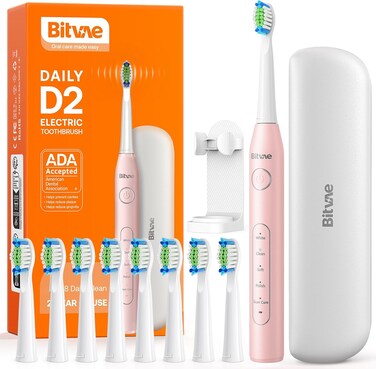 Bitvae Electric Toothbrush for Adults - Ultrasonic Electric Toothbrushes with 8 Brush Heads, toothbrush with tips set and travel case D2 (Pink)