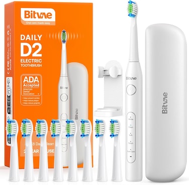 Bitvae D2 Sonic Electric Toothbrush for Adults, 40000 VPM Automatic Toothbrush, 5 Cleaning Modes, 8 Brush Heads, 60-Day Battery, IPX7 Waterproof, Travel Case (White)