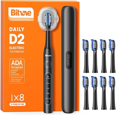 Bitvae Electric Toothbrush for Adults - Ultrasonic Electric Toothbrushes with 8 Brush Heads, ADA Accepted Power Rechargeable Toothbrush with 5 Modes, Smart Timer, Black D2