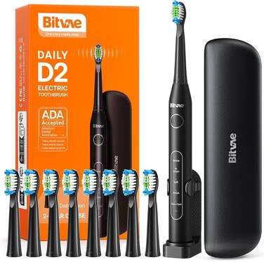 Bitvae Electric Toothbrush for Adults - Ultrasonic Electric Toothbrushes with 8 Brush Heads, toothbrush with tips set and travel case D2 (black)