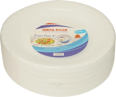Ideal Pack Foam Plate, 9inch, Pack of 25pcs, White