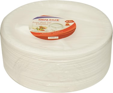 Ideal Pack 3 Division Foam Plate, 10inch, Pack of 25pcs, White