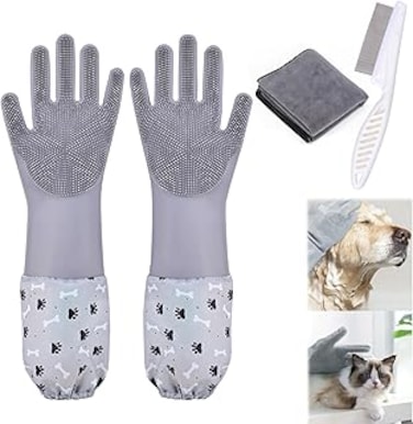 3Pcs Pet Grooming Gloves with Towel and Pet Hair Flea Comb, Cat, Dog Cleaning Gloves Silicone Heat Resistant Washing Gloves with High-Density Teeth Grooming Tool for Dogs, Cats, Horses, Rabbits (Grey)