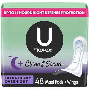 U By Kotex Clean &amp; Secure Overnight Maxi Pads With Wings, Extra Heavy Absorbency, 48 Count (2 Packs Of 24) (Packaging May Vary)