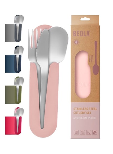 Stainless Steel Cutlery Set, Travel Utensils Set with Silicone Case Pouch, Fork Spoon Knife Camping Set, Cutlery Set for Kids School, Set of 4 (Blush Pink)