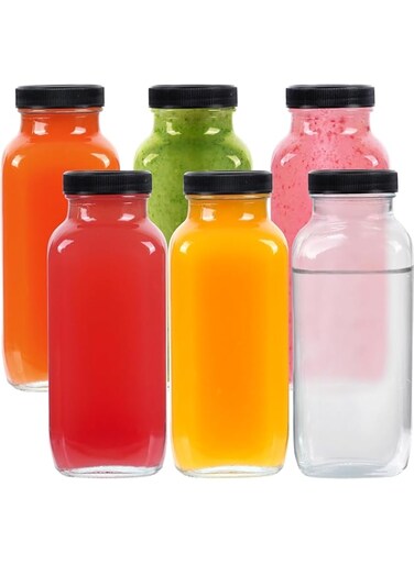 Plastic Juice Bottles with Caps, 6-Pack 245ml/8Oz Clear Bottles, Reusable Juice Containers with Leak-Proof Black Lids, BPA-Free Smoothie Bottles for Homemade Beverages, Milk, Kombucha, Water, Juicing