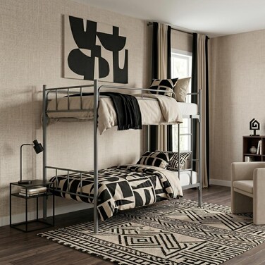 Karnak Koffler Heavy Duty Steel Bunk Bed 90 X 190 Cm Guard Rails Sturdy Double Deck Bed Frame for Home, Apartment (Grey)