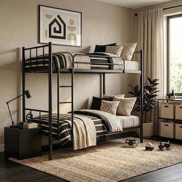Karnak Heavy Duty Steel Bunk Bed 90 X 190 Cm Guard Rails Sturdy Double Deck Twin Bed Frame for Home, Apartment (Black)