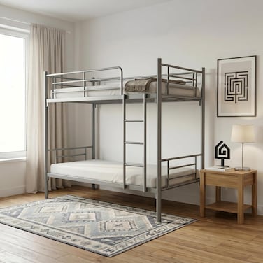 Karnak Labounty Heavy Duty Steel Bunk Bed 90 X 190 Cm Guard Rails Sturdy Double Deck Twin Bed Frame for Home, Apartment (Grey)
