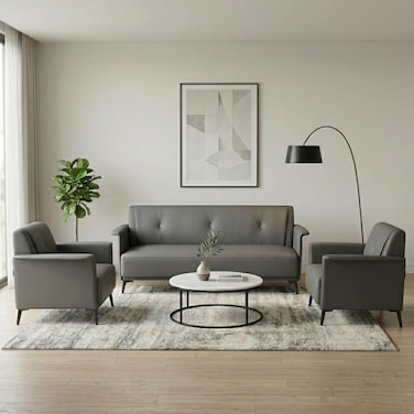 Karnak Aukai Modern 5-Seater Sofa Set   Leather Tufted Couch   Grey Comfortable Armrest Sofa Set for Living Room Apartment, Villas Furniture