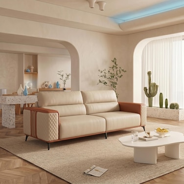 Karnak Abdiel Modern 3-Seater Sofa   Leather Tufted Couch   Comfortable Armrest Sofa Set for Living Room Apartment, Villas Furniture (Beige)