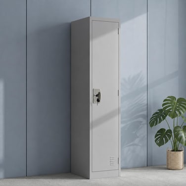 Karnak Alvora 1-Door Steel Locker with Storage &amp; Shelves   Metal Cabinet for Home, School &amp; Office   Secure Key Lock, Plastic Handles, Multi-Compartment Organizer (Grey)