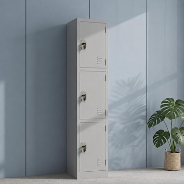 Karnak Alvora 3-Door Steel Locker with Storage &amp; Shelves   Metal Cabinet for Home, School &amp; Office   Secure Key Lock, Plastic Handles, Multi-Compartment Organizer (Grey)