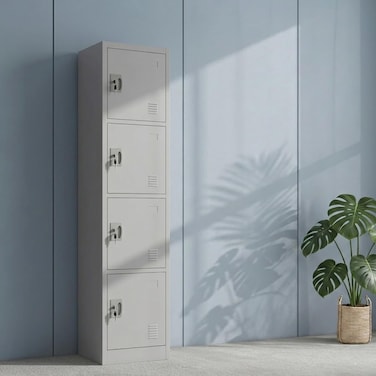 Karnak Alvora 4-Door Steel Locker with Storage &amp; Shelves   Metal Cabinet for Home, School &amp; Office   Secure Key Lock, Plastic Handles, Multi-Compartment Organizer (Grey)