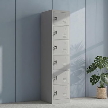 Karnak Alvora 6-Door Steel Locker with Storage &amp; Shelves   Metal Cabinet for Home, School &amp; Office   Secure Key Lock, Plastic Handles, Multi-Compartment Organizer (Grey)