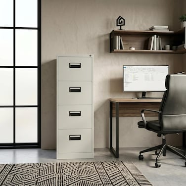 Karnak Arlin Vertical Filing Cabinet 4 Drawer   Large Metal Filing Cabinet for Office Storage Organizer Cupboard   Durable Portable File Cabinet for Home Office, School &amp; Workspace (Grey)