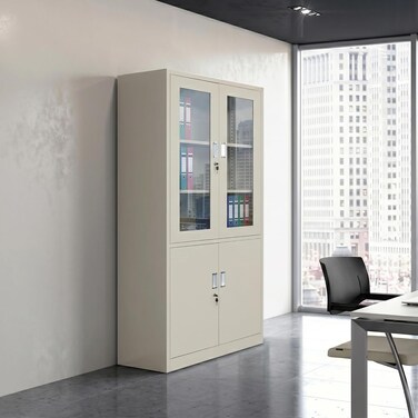 Karnak Kearria 2 Door Metal File Cabinet With Upper Glass &amp; Key Lock   Office Cupboard File Storage Cabinet for Home, School &amp; Office Storage (Grey)