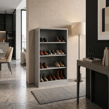 Karnak Cesily Steel Shoe Rack   Open Door Shoe Organizer with 4 Shelf Shoe Cabinet   Free-Standing Compact Shoe Cabinet Showcases Stainless Steel Shoe Storage Rack for Home &amp; Entryway Furniture (Grey)